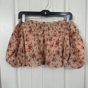 Smocked neckline romantic feminine floral print cropped short sleeve. L